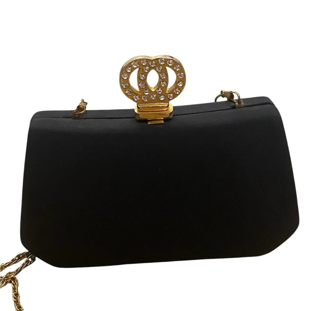 Vintage 90s Satin Crossbody Black Cocktail Evening Purse Statement chain handle